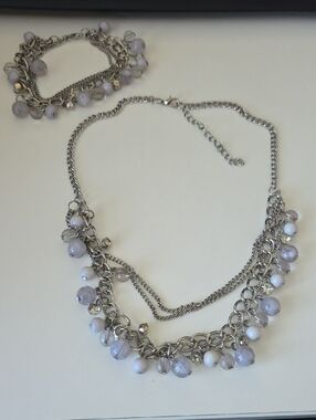 Multi-Chain Silver-Tone Necklace And Bracelet Set with Grey and White Beads